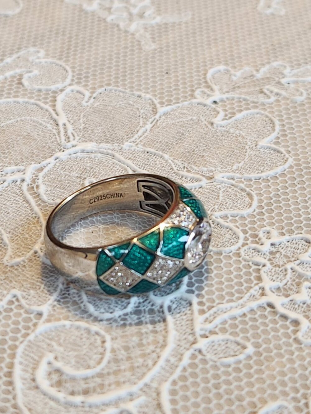 Hidalgo Diamonique Oval Cut CZ Green Enamel Ring 925 Size 9 - geometric pattern! - Picture 11 of 14